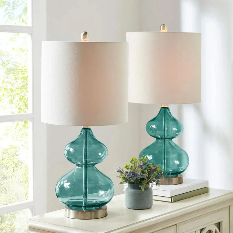 Glass Table Lamp Ellipse Curved Glass Blue Cotton Shade Set Of 2 Lamps