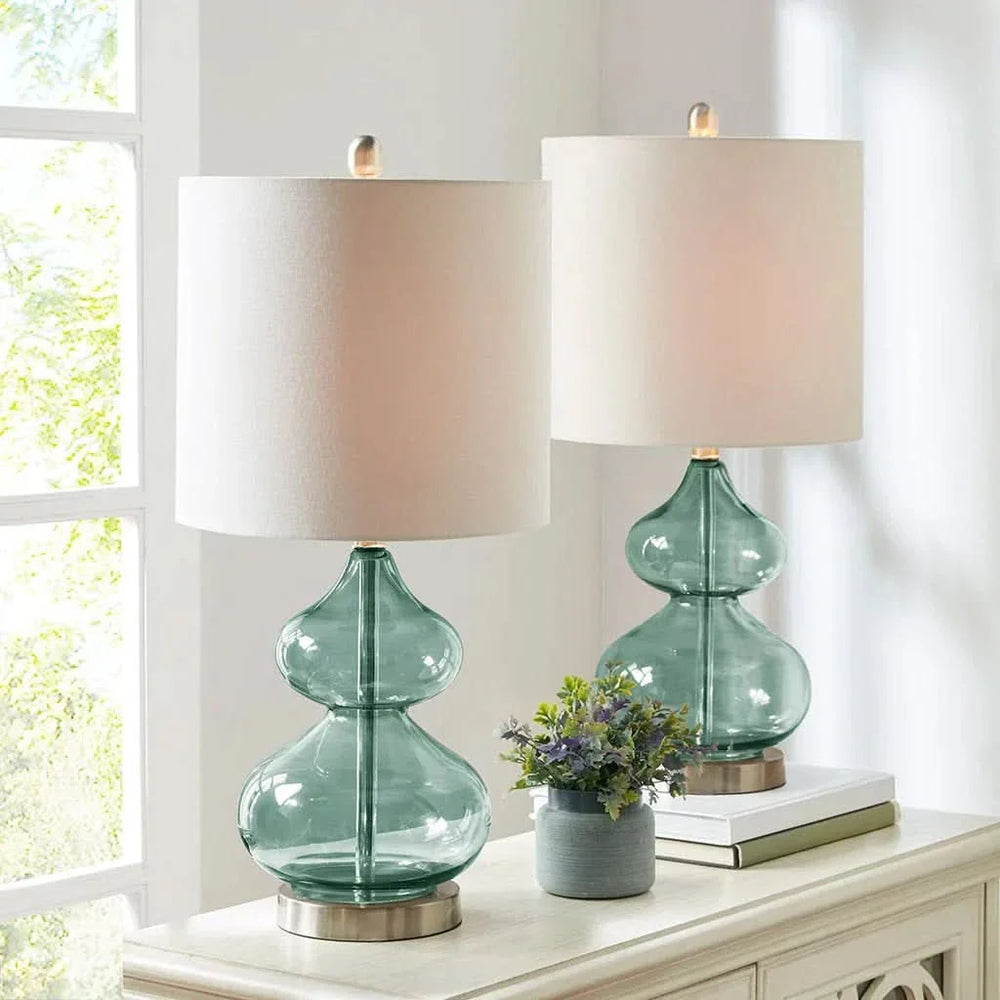 Glass Table Lamp Ellipse Curved Glass Blue Cotton Shade Set Of 2 Lamps Media 3