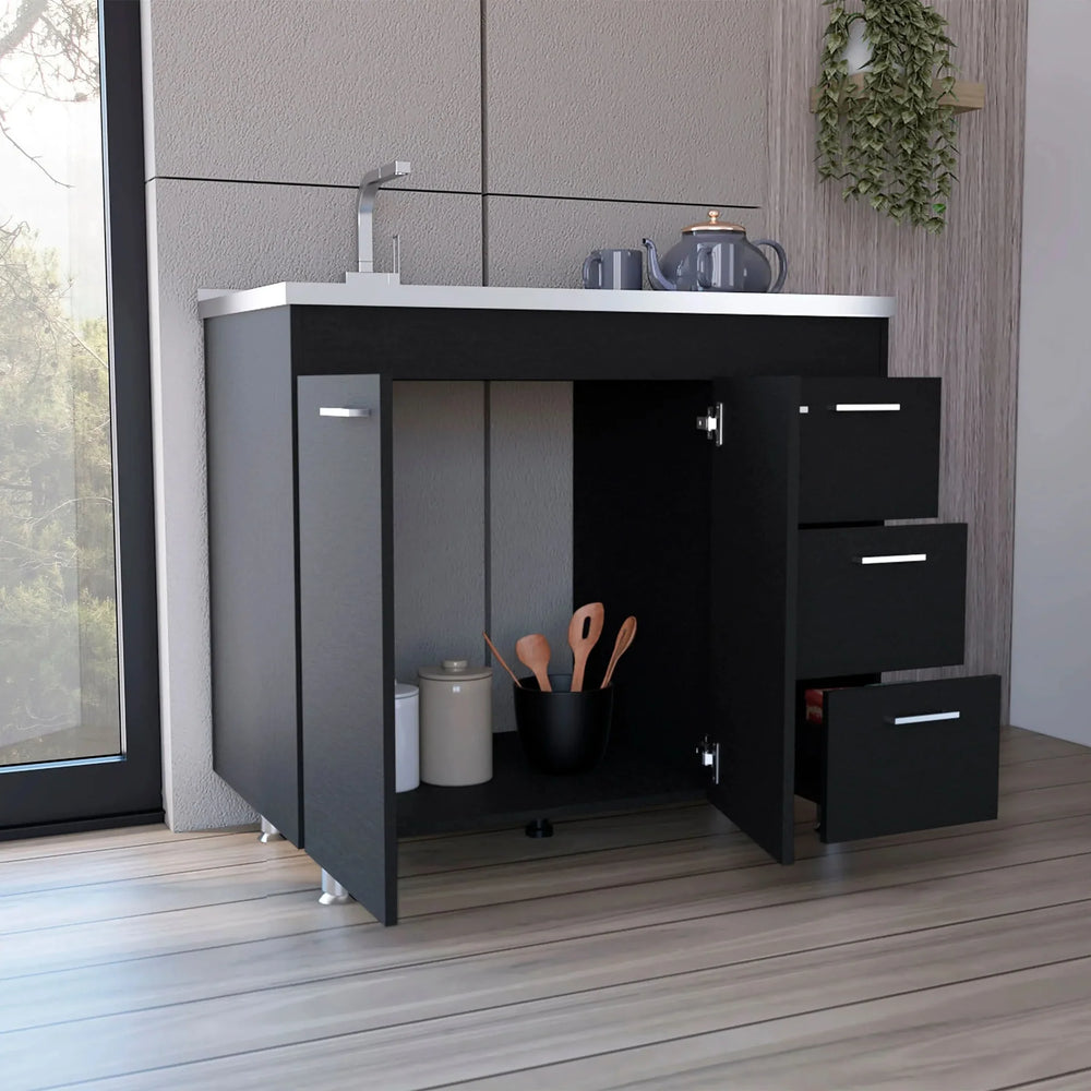 Kitchen Sink Cabinet Particle Board Three-Drawer Double Door Modern Media 5