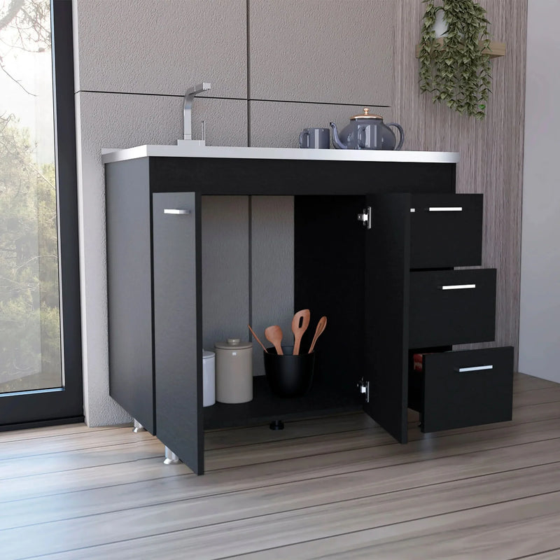 Kitchen Sink Cabinet Particle Board Three-Drawer Double Door Modern