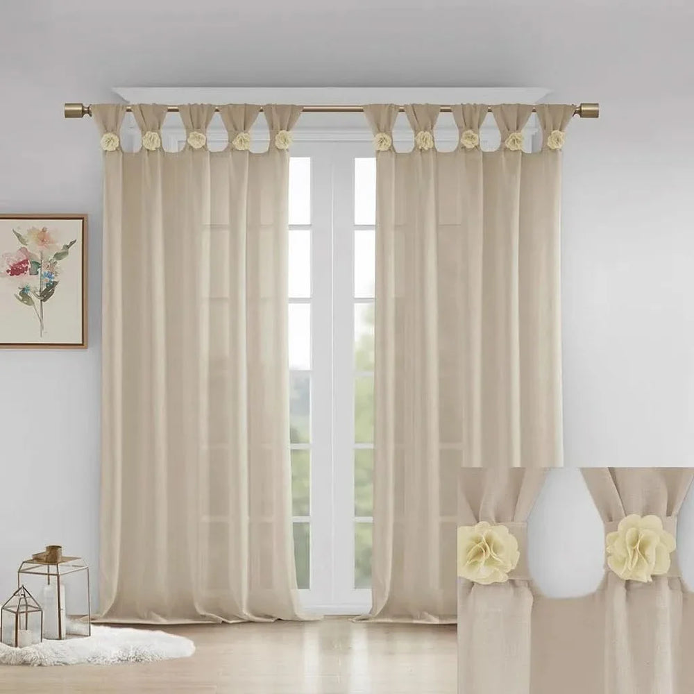 Linen Curtain Panel Floral Cuff Tab Top Beige One Panel For Living Room Media 10