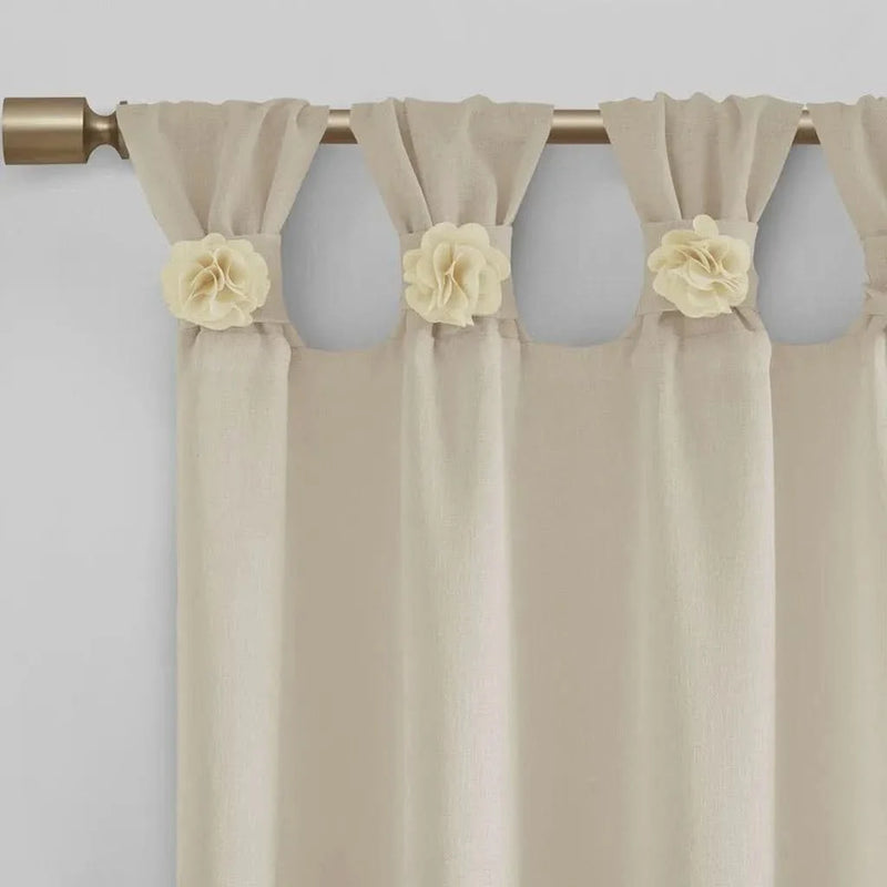 Linen Curtain Panel Floral Cuff Tab Top Beige One Panel For Living Room