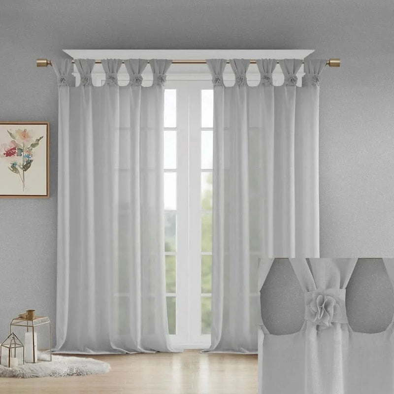 Linen Curtains Grey Tab Top Panel Floral Embellished Single Panel