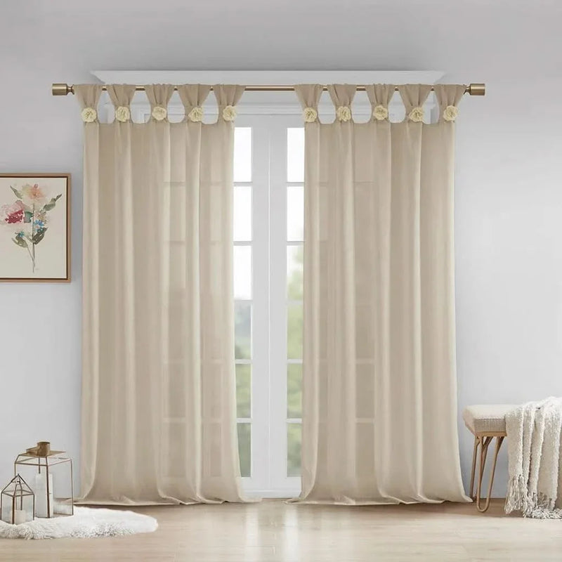 Linen Curtain Panel Floral Cuff Tab Top Beige One Panel For Living Room
