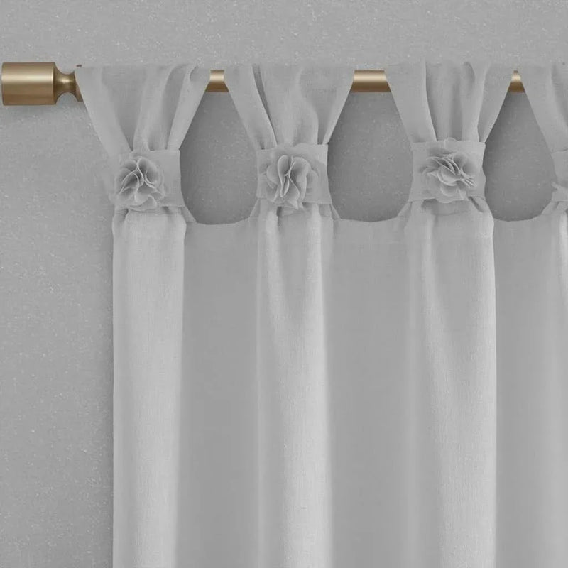 Linen Curtain Panel Grey Tab Top Floral Fits Up To 2' Diameter Rod