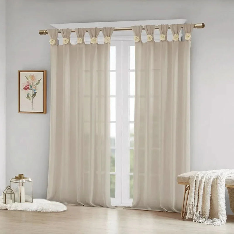 Linen Curtain Panel Floral Cuff Tab Top Beige One Panel For Living Room