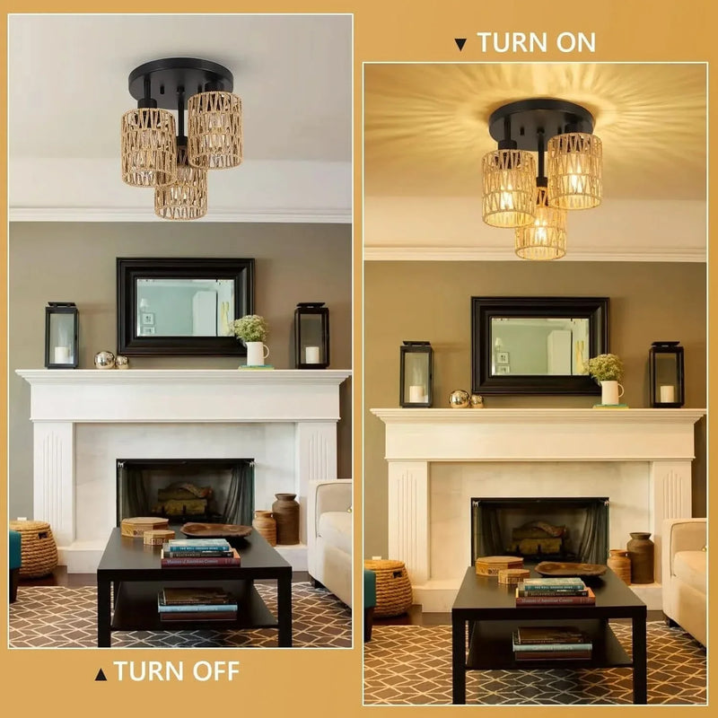 Rattan Ceiling Light Rattan & Metal Boho Style Living Room Fixture