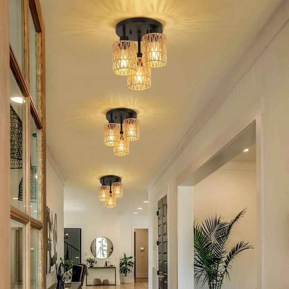 Rattan Ceiling Light Rattan & Metal Boho Style Living Room Fixture Media 5