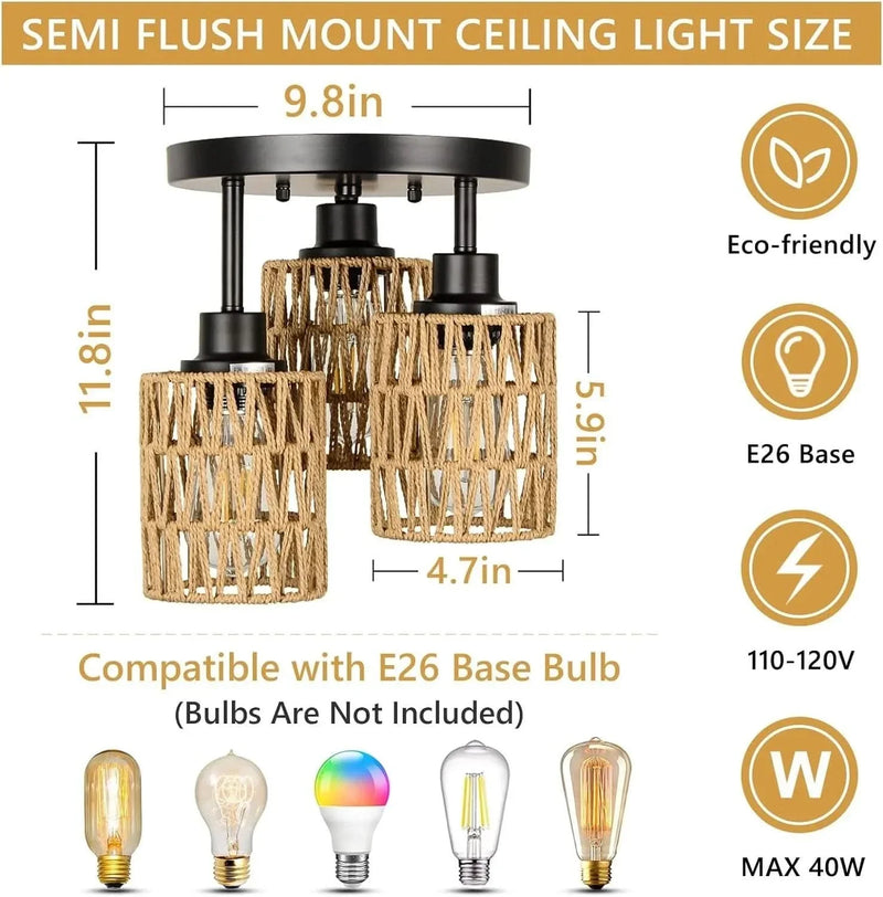 Rattan Ceiling Light Rattan & Metal Boho Style Living Room Fixture