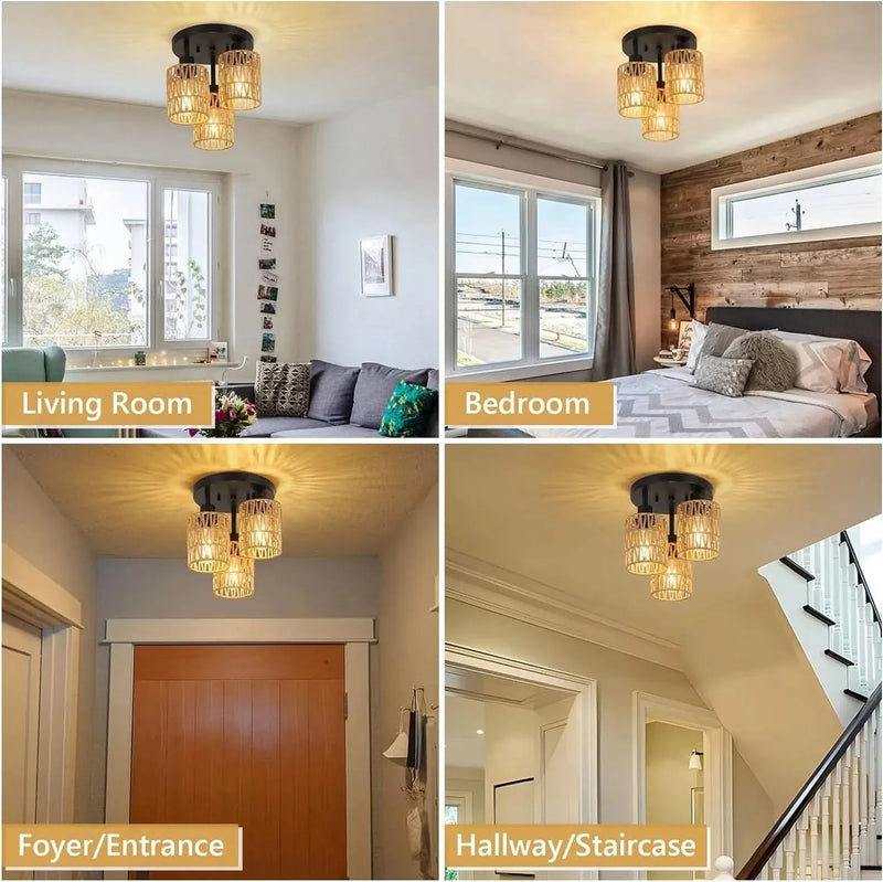 Rattan Ceiling Light Rattan & Metal Boho Style Living Room Fixture