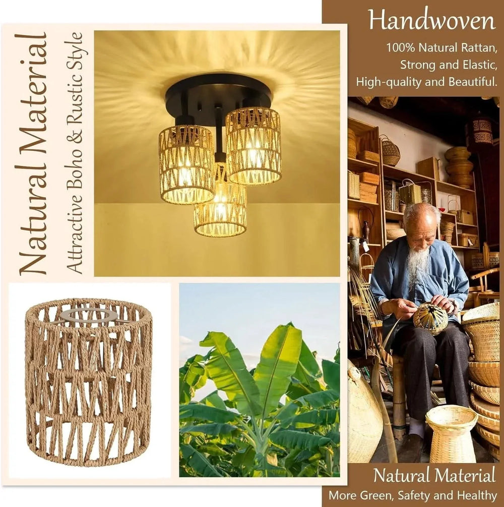 Rattan Ceiling Light Rattan & Metal Boho Style Living Room Fixture Media 7
