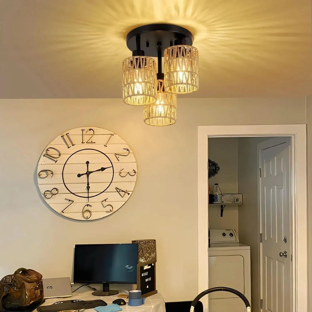 Rattan Ceiling Light Rattan & Metal Boho Style Living Room Fixture Media 8
