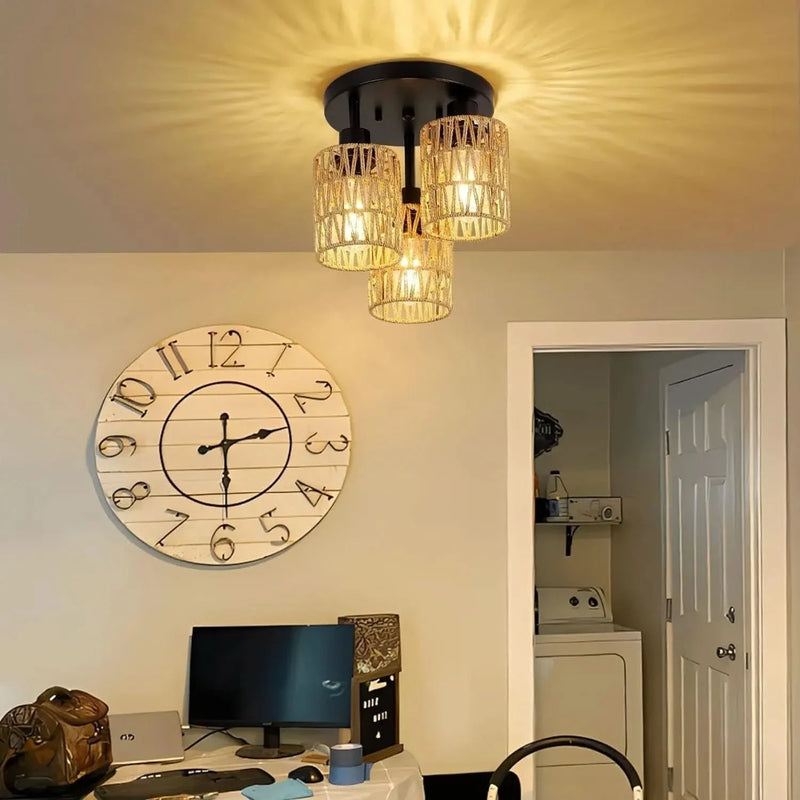 Rattan Ceiling Light Rattan & Metal Boho Style Living Room Fixture