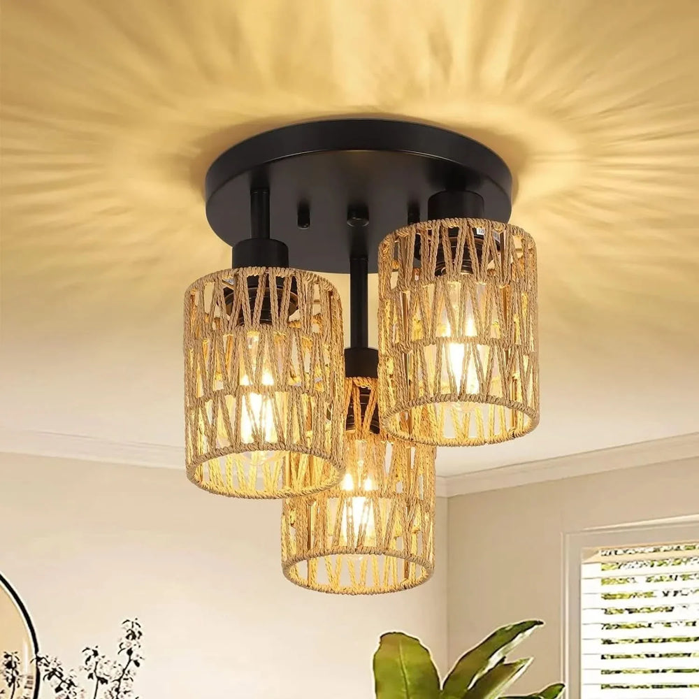 Rattan Ceiling Light Rattan & Metal Boho Style Living Room Fixture Media 1