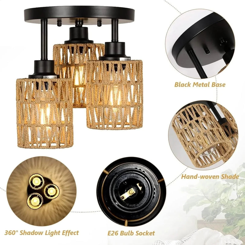 Rattan Ceiling Light Rattan & Metal Boho Style Living Room Fixture