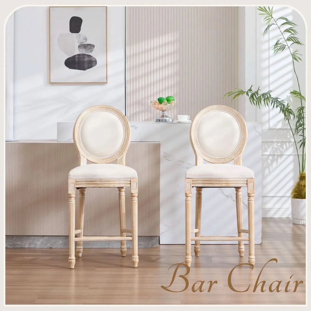 French Country Bar Chairs Cotton Linen Upholstery Round Back Beige Media 9