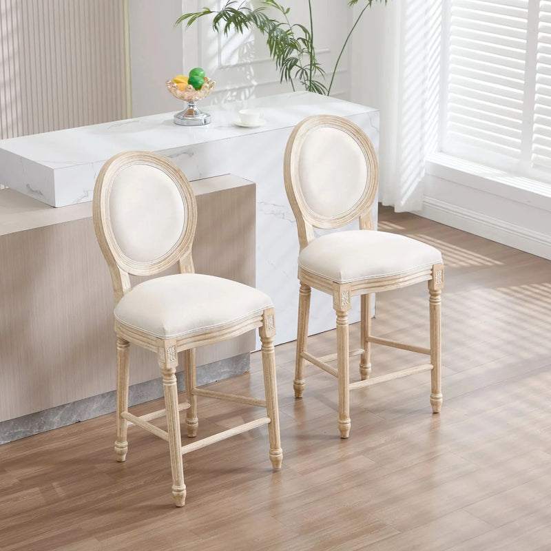 French Country Bar Chairs Cotton Linen Upholstery Round Back Beige