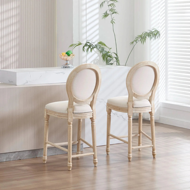 French Country Bar Chairs Cotton Linen Upholstery Round Back Beige