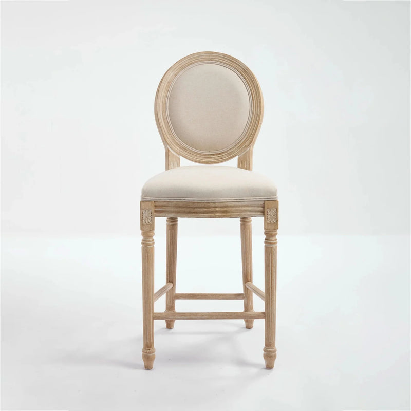 French Country Bar Chairs Cotton Linen Upholstery Round Back Beige