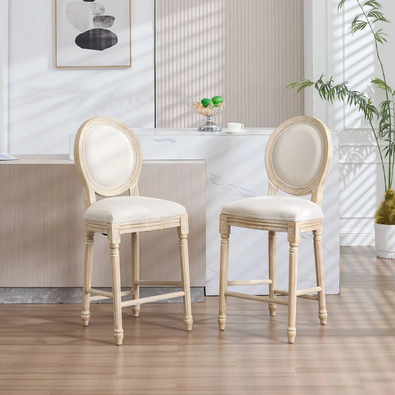 French Country Bar Chairs Cotton Linen Upholstery Round Back Beige