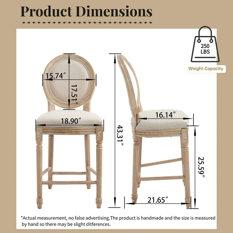 French Country Bar Chairs Cotton Linen Upholstery Round Back Beige