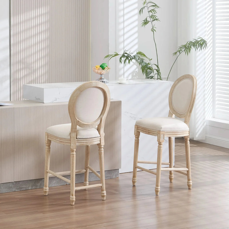 French Country Bar Chairs Cotton Linen Upholstery Round Back Beige