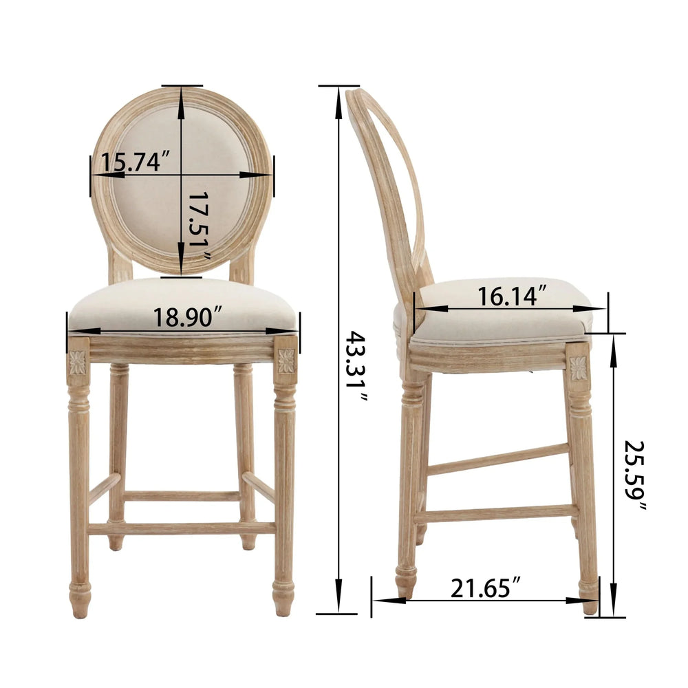 French Country Bar Chairs Cotton Linen Upholstery Round Back Beige Media 22
