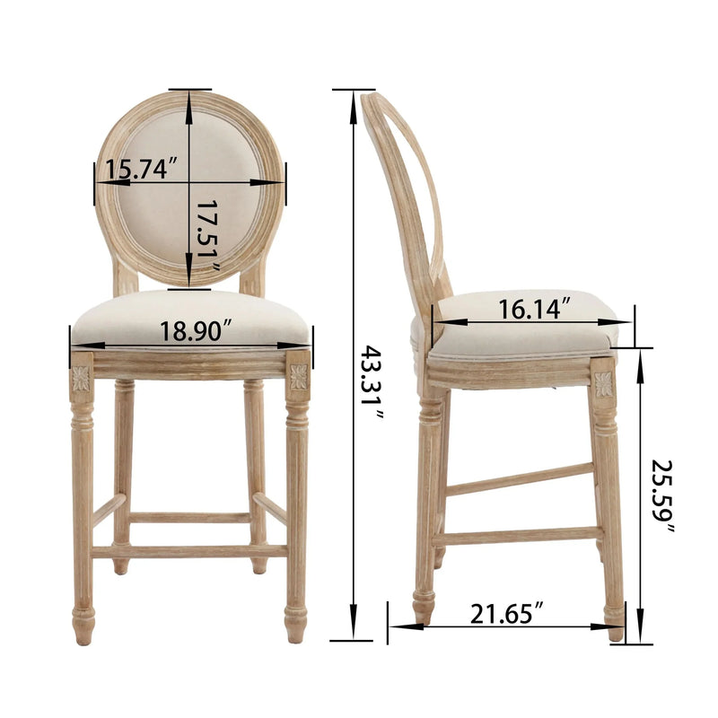 French Country Bar Chairs Cotton Linen Upholstery Round Back Beige