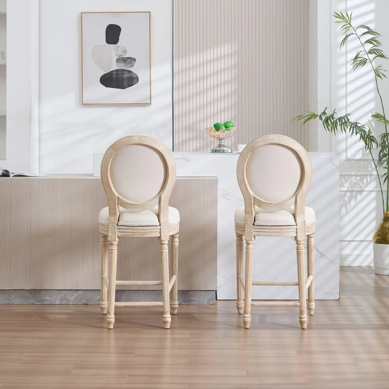 French Country Bar Chairs Cotton Linen Upholstery Round Back Beige