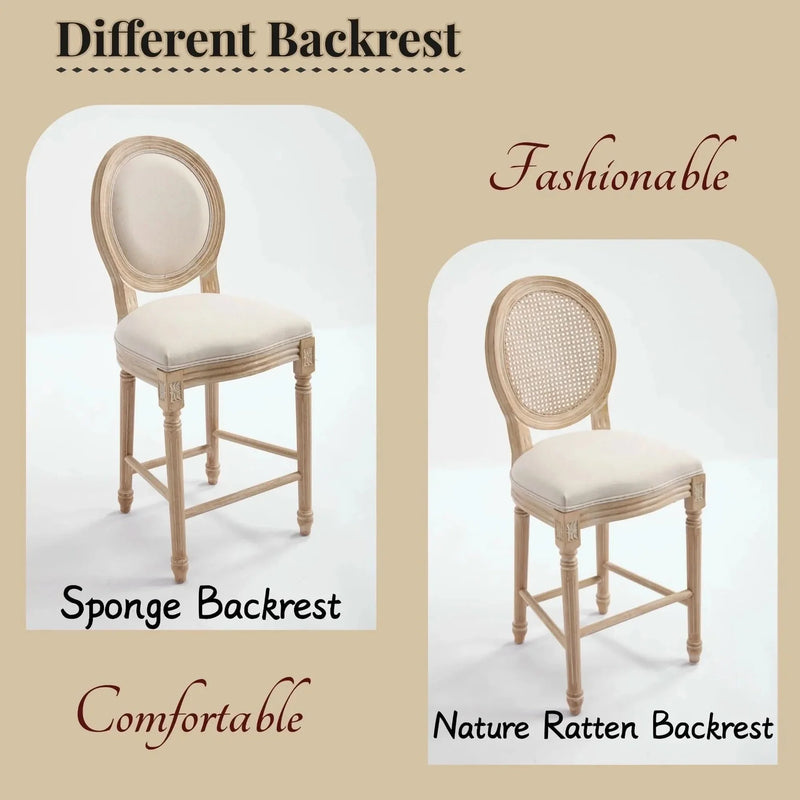 French Country Bar Chairs Cotton Linen Upholstery Round Back Beige