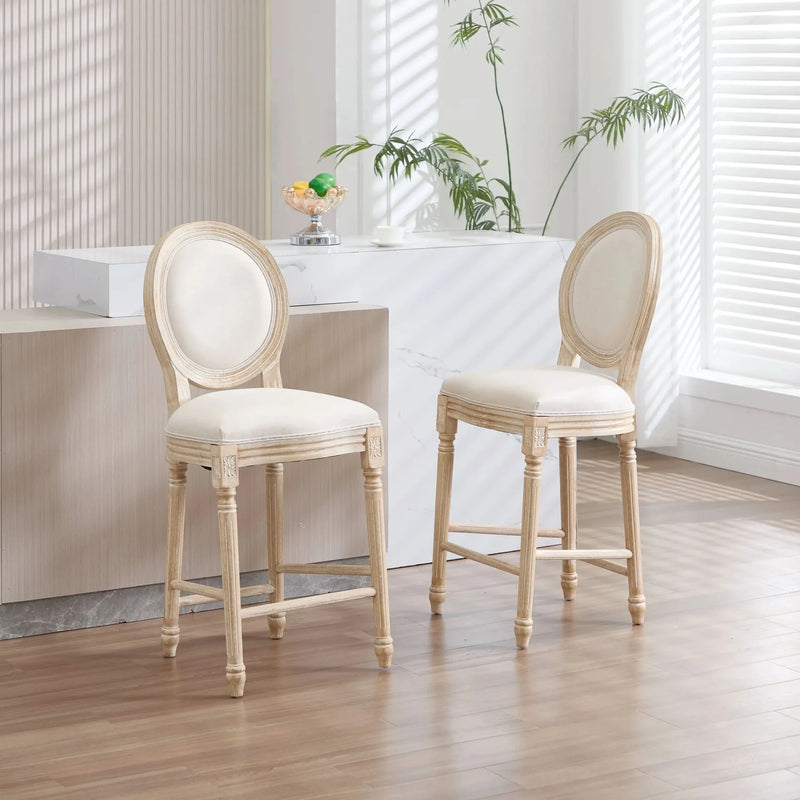 French Country Bar Chairs Cotton Linen Upholstery Round Back Beige