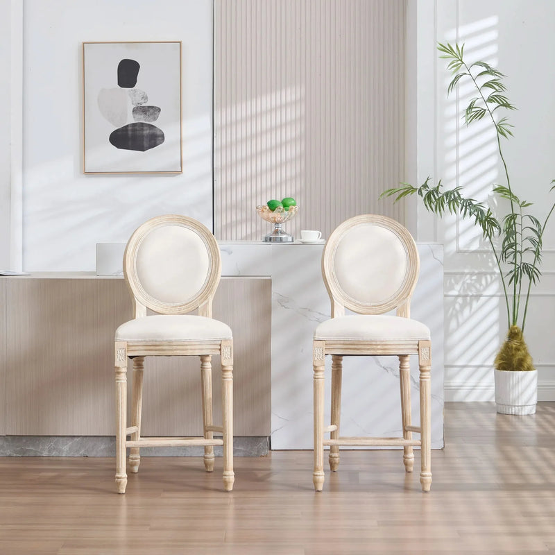French Country Bar Chairs Cotton Linen Upholstery Round Back Beige
