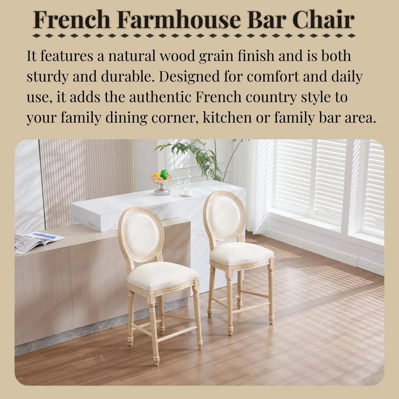 French Country Bar Chairs Cotton Linen Upholstery Round Back Beige