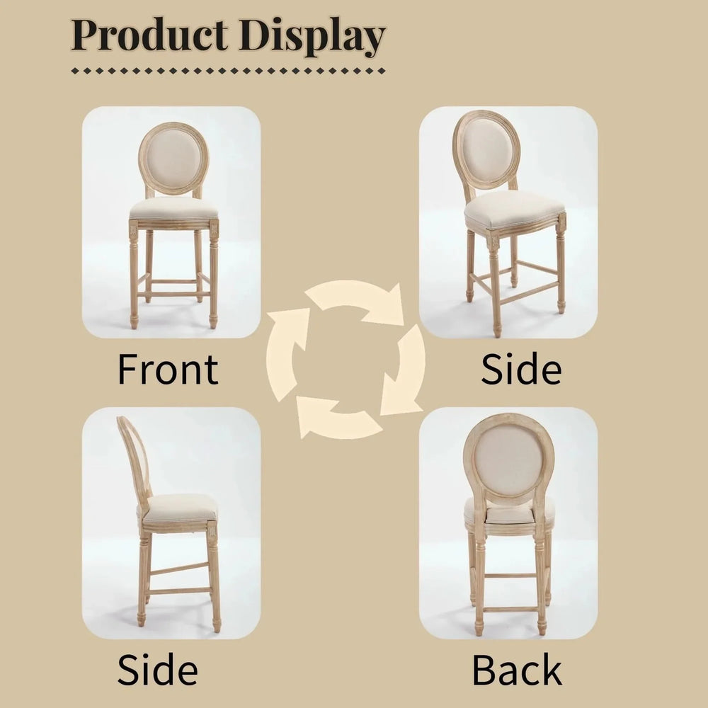 French Country Bar Chairs Cotton Linen Upholstery Round Back Beige Media 4