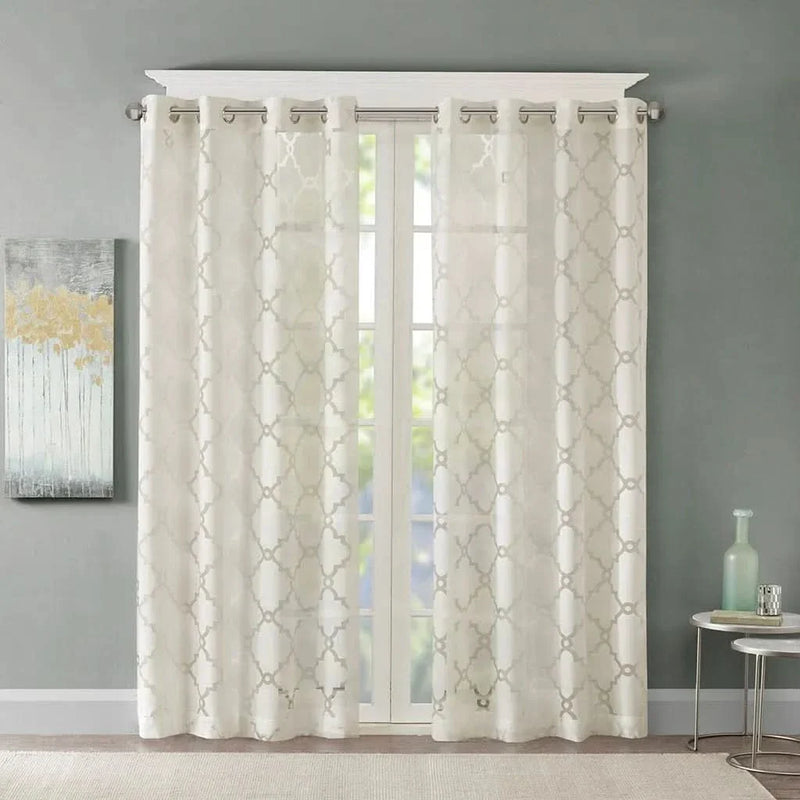 Fretwork Burnout Curtain Polyester Ivory Panel For Living Room Decor