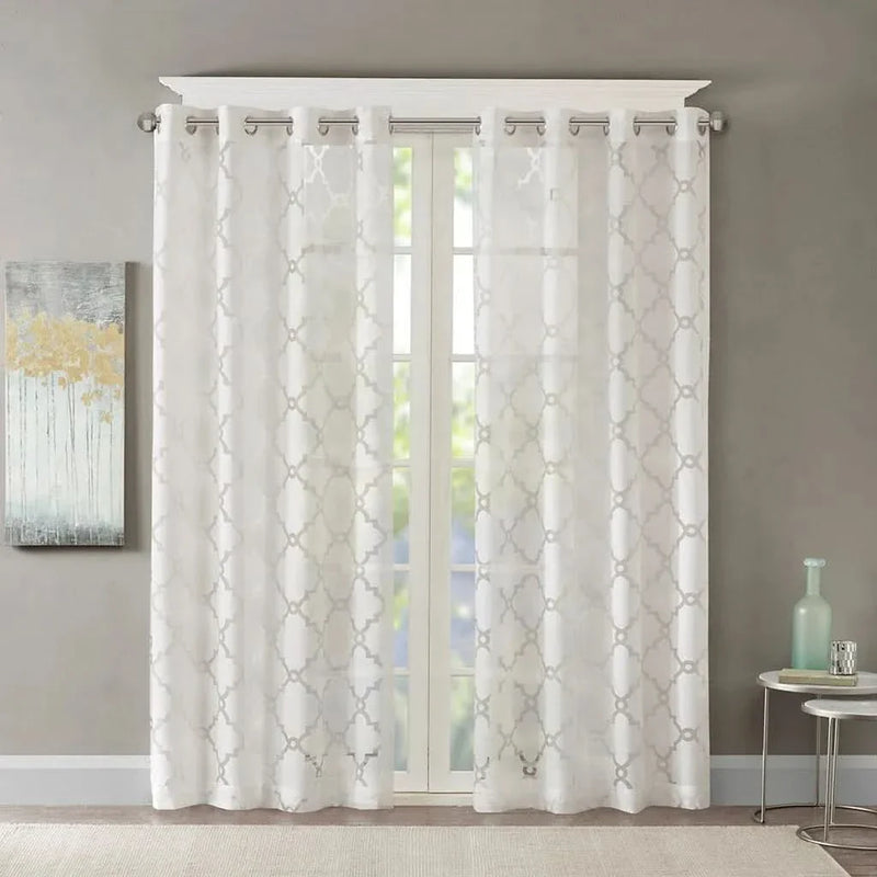 White Fretwork Burnout Curtain Polyester Light-Filtering Panel Living Room