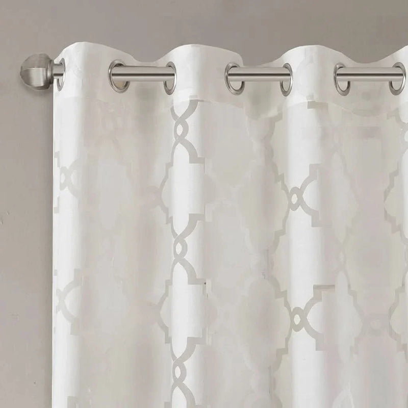 Fretwork Burnout Curtain White Polyester Sheer Panel For Living Room Windows