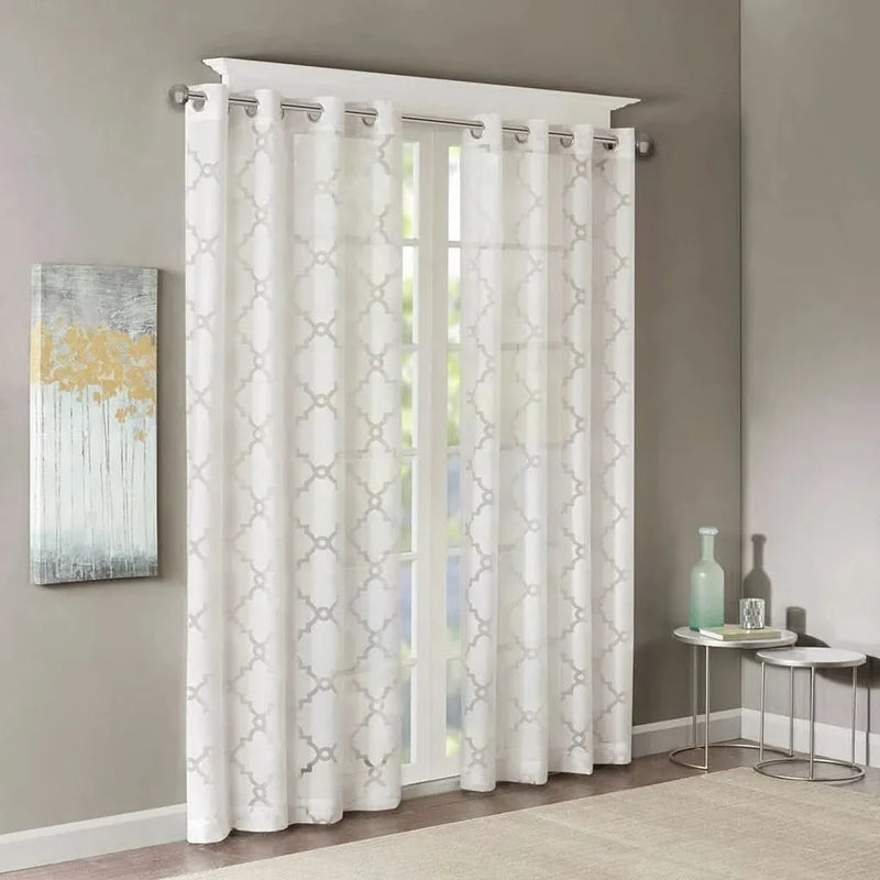 Fretwork Burnout Curtain White Polyester Sheer Panel For Living Room Windows