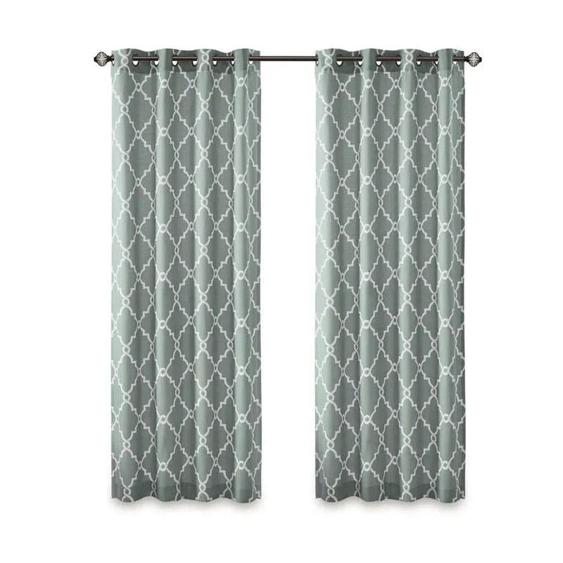Fretwork Print Polyester Curtain Seafoam & White Grommet Top 108 Inch Panel