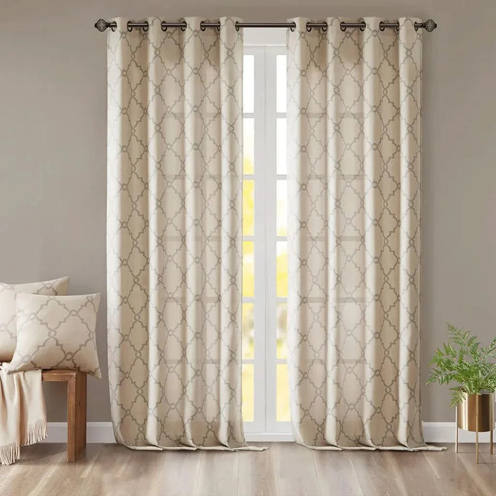 Window Curtain Panel Polyester Grommet Top Fretwork Print Beige Grey Media 6