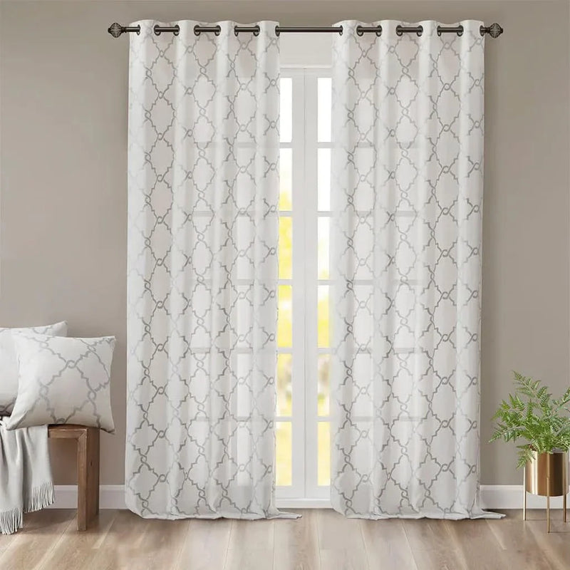 Fretwork Print Window Curtain Panel Ivory Grey Polyester Grommet Top