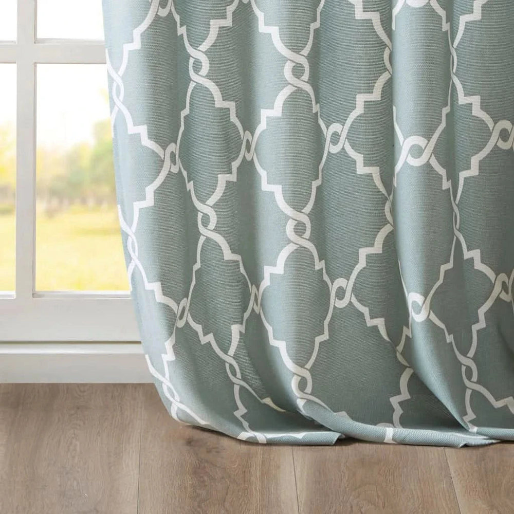 Fretwork Print Polyester Curtain Seafoam & White Grommet Top 108 Inch Panel Media 7
