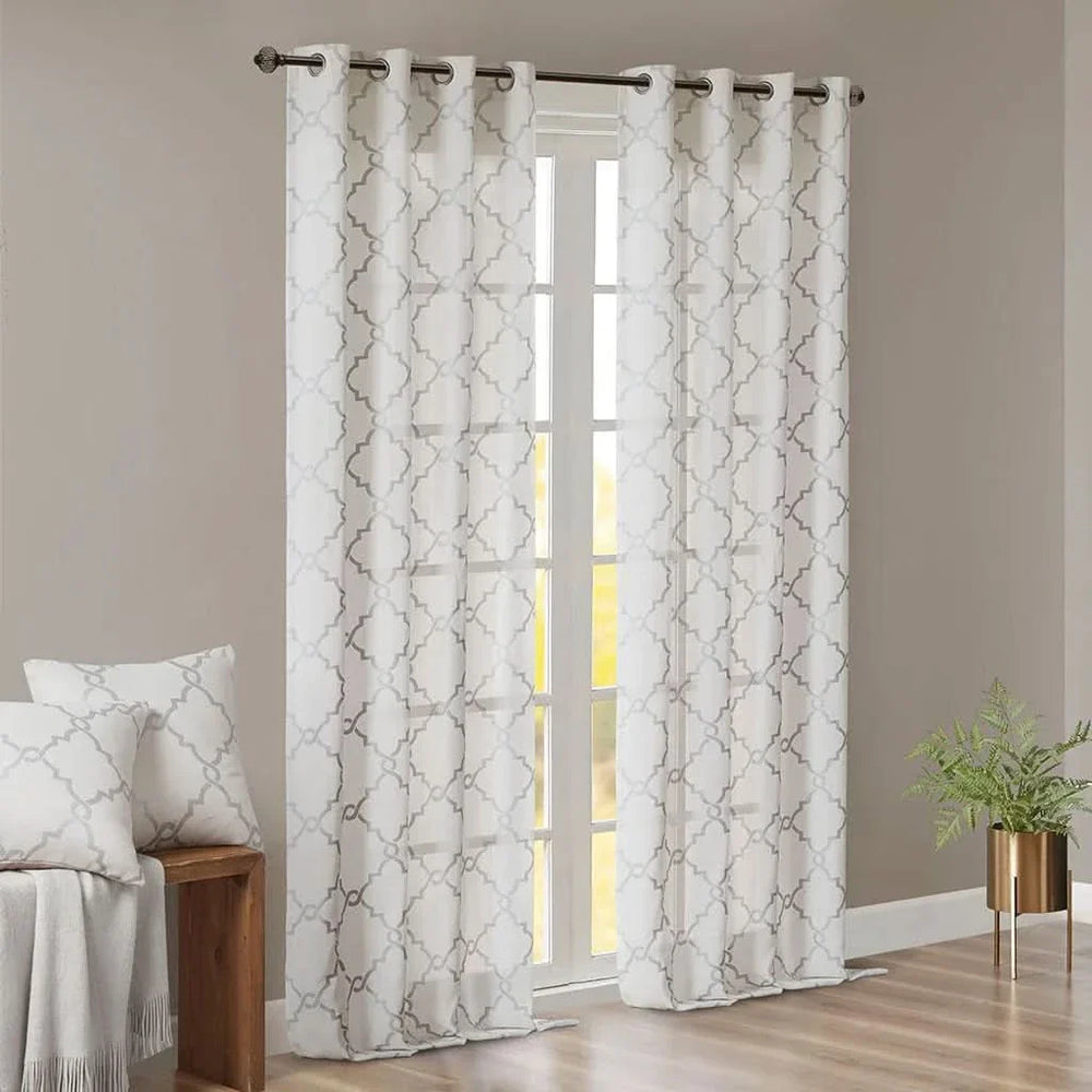 Fretwork Print Curtain Panel Polyester Grommet Top Ivory Grey 95x50 Media 11