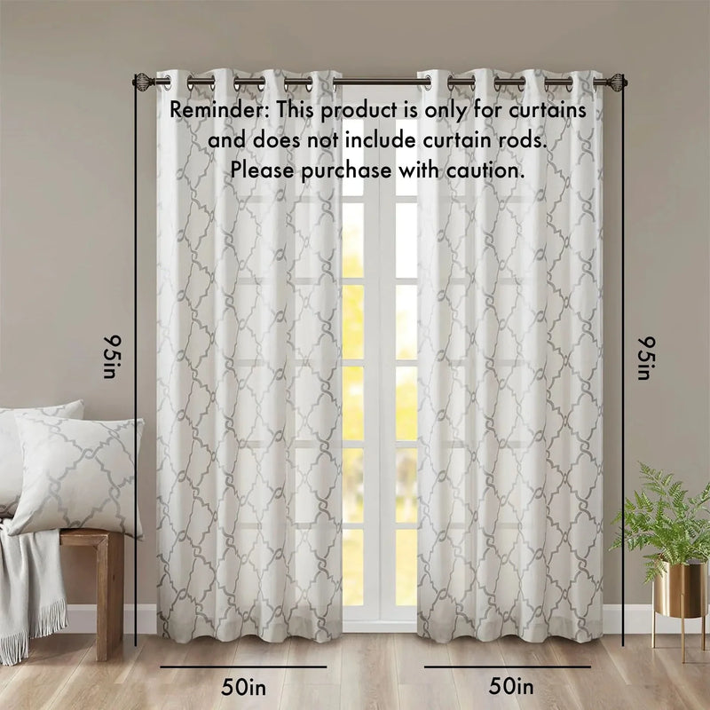 Fretwork Print Curtain Panel Polyester Grommet Top Ivory Grey 95x50