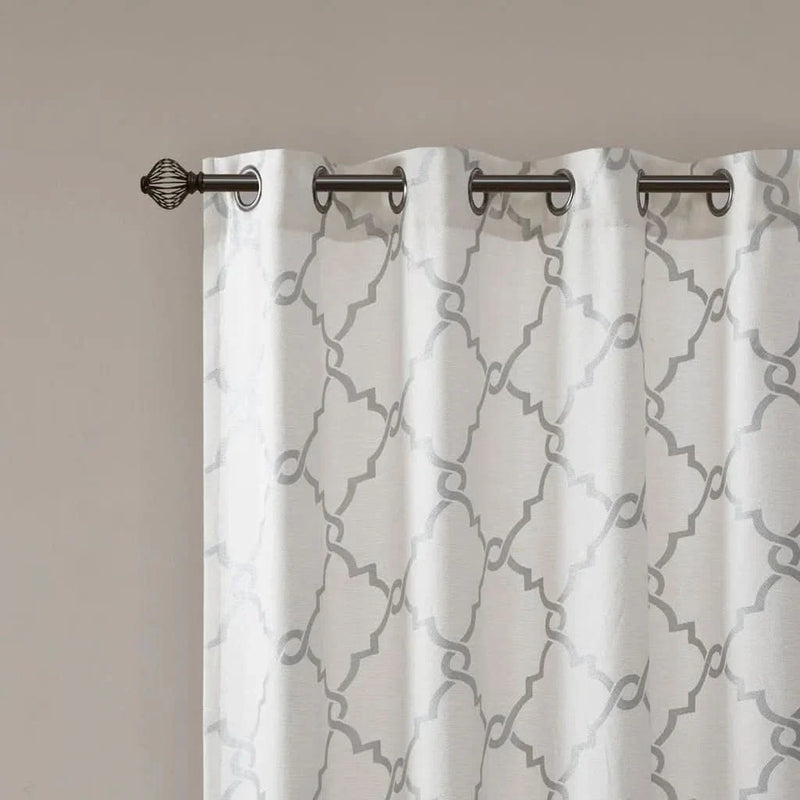 Geometric Fretwork Window Curtain Panel Polyester Grommet Top Ivory Grey