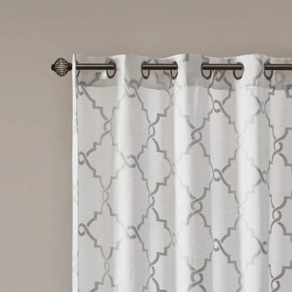 Geometric Fretwork Window Curtain Panel Polyester Grommet Top Ivory Grey Media 4