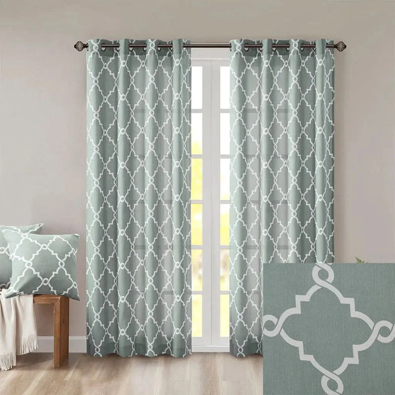 Fretwork Print Curtain Polyester Grommet Top Seafoam & White Panel
