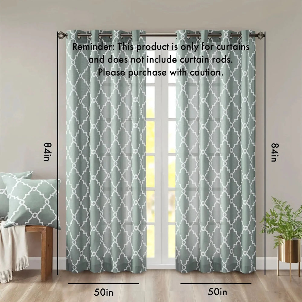 Fretwork Curtain Grommet Top Polyester Seafoam & White Window Panel Media 2
