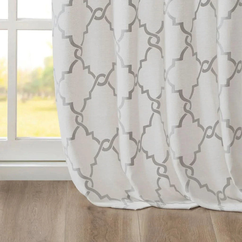 Fretwork Print Window Curtain Panel Ivory Grey Polyester Grommet Top