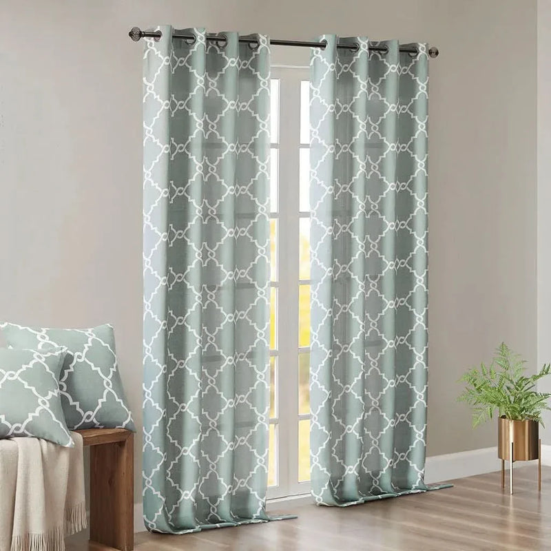 Fretwork Print Curtain Polyester Grommet Top Seafoam & White Panel